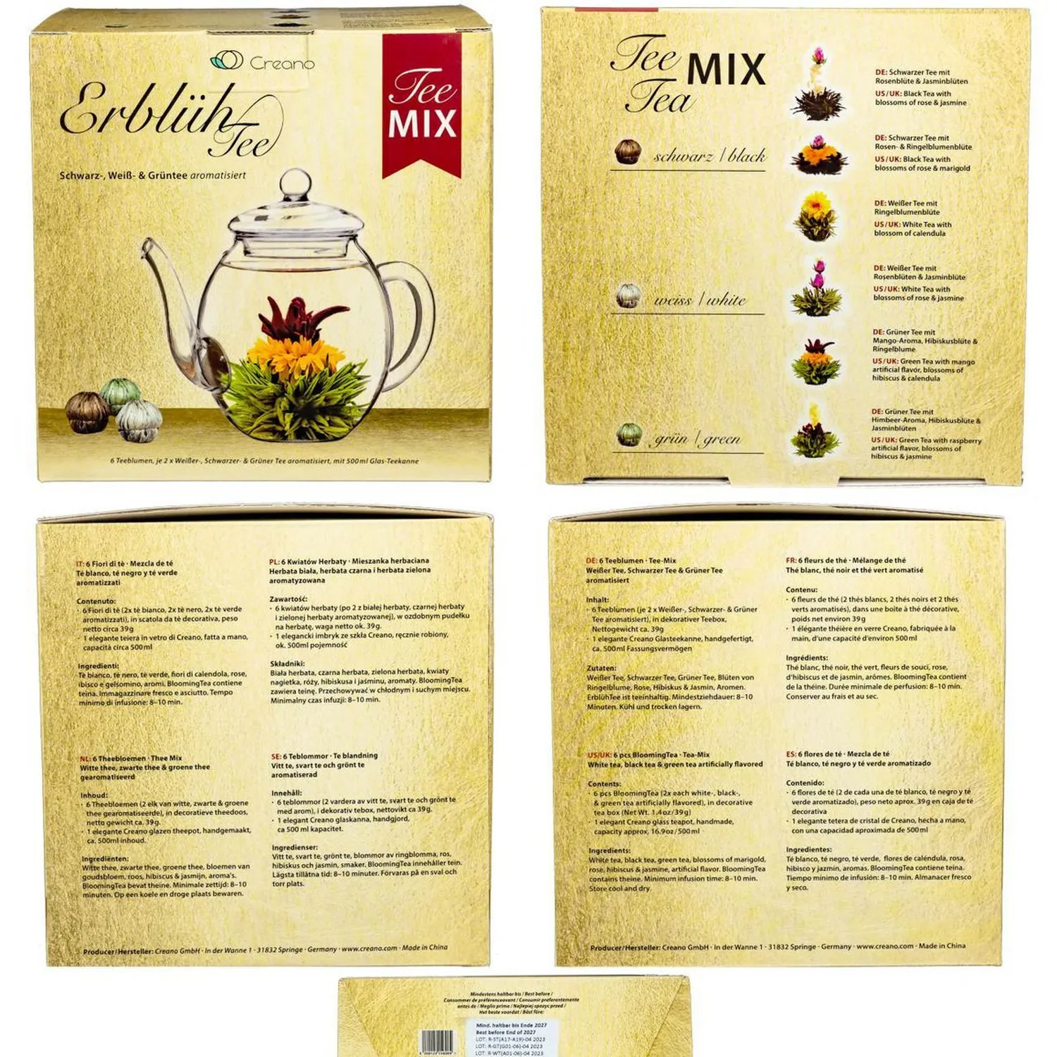 Theebloemen cadeauset met glazen theepot - 6 thee bloemen - Groene-, witte-, zwarte thee