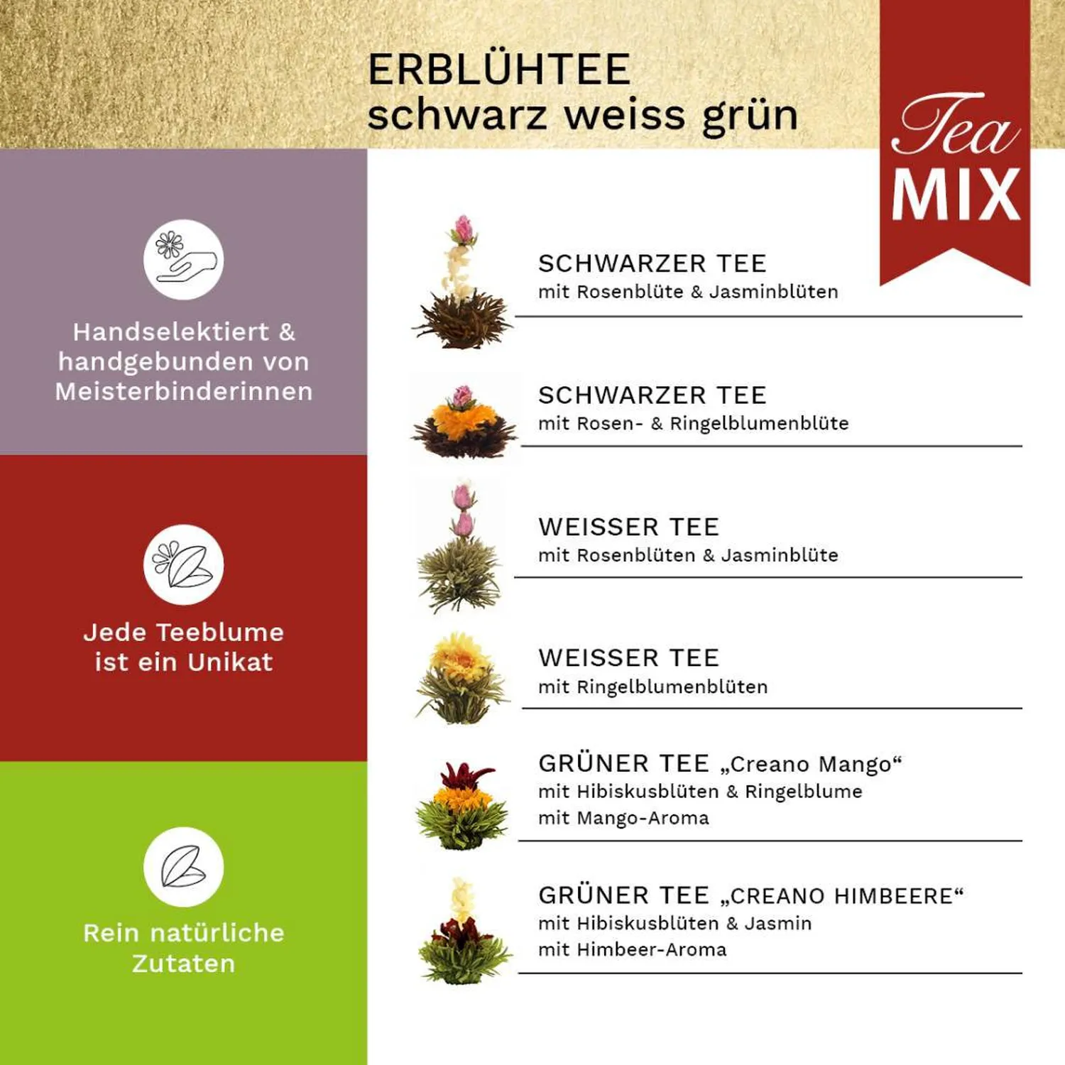 Theebloemen cadeauset met glazen theepot - 6 thee bloemen - Groene-, witte-, zwarte thee