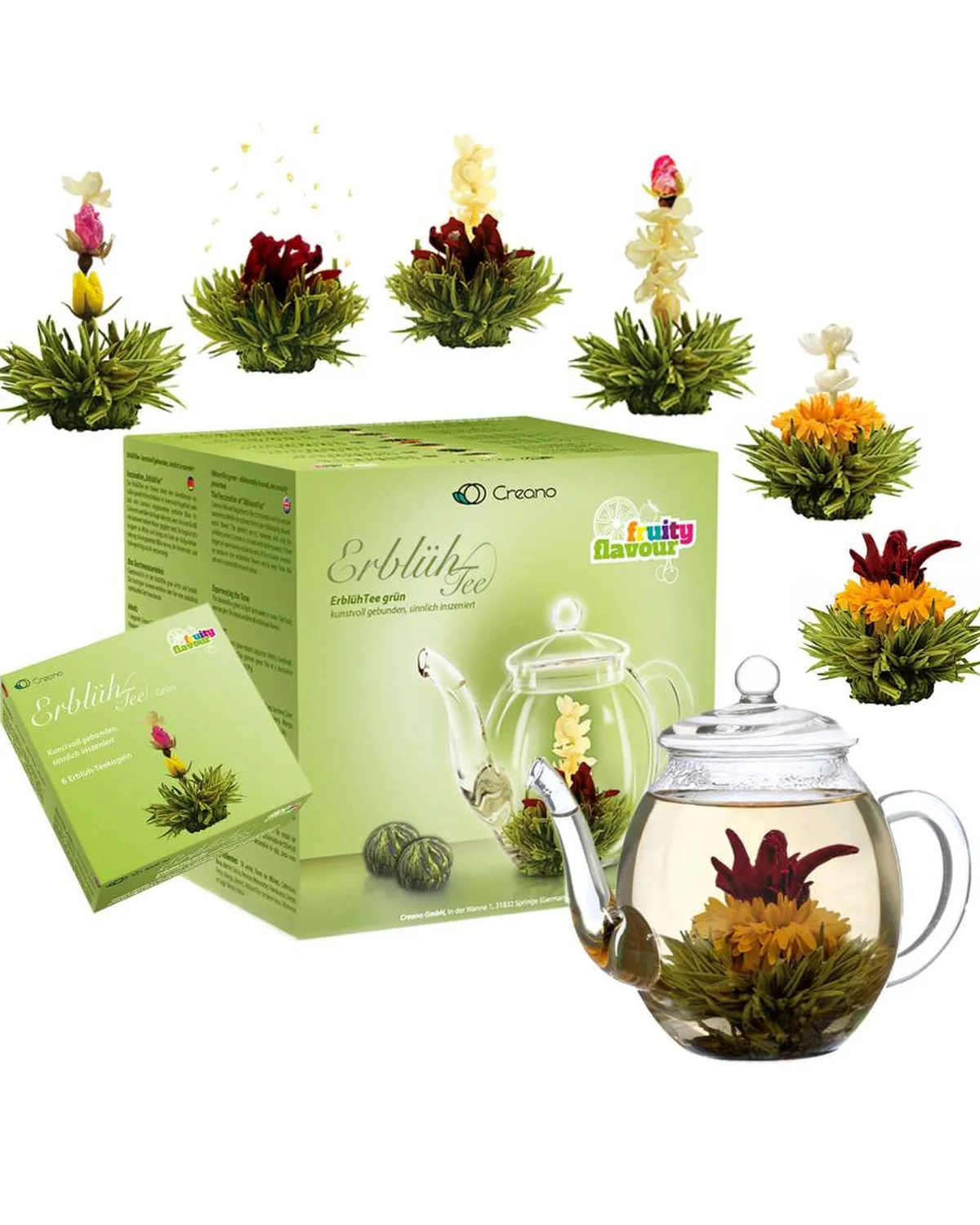 Creano Theepot en 6 groene theebloemen